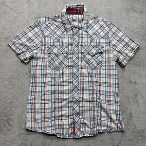 True Religion Pearl Snap‎ Plaid Shirt Mens Large Multicolor Short Sleeve Cuff